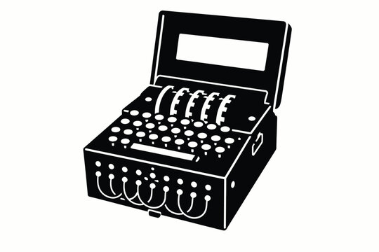 Vintage black silhouette of a mechanical cash register with keys and display, representing retail transactions, accounting, commerce, and financial management
