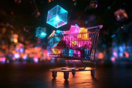 Futuristic shopping cart loaded with luminous gift boxes and floating cube elements.