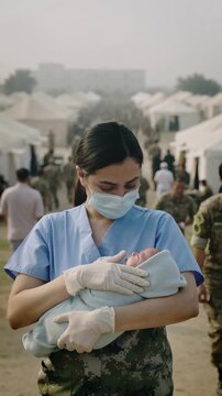 Woman in blue scrubs holding a newborn baby in a refugee camp setting, medium shot