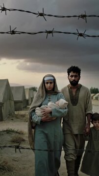 Refugee family walking near barbed wire fence in tent camp at sunset, eye level shot