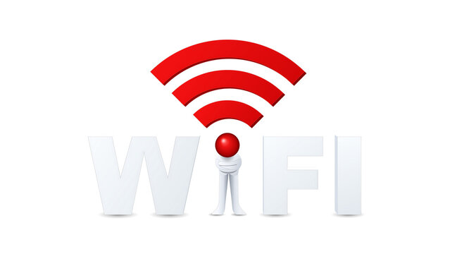 red wifi symbol above white text spelling wifi with unique character resembling person.