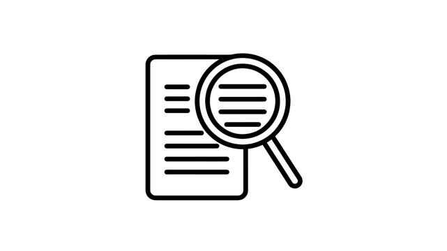 Document search icon with magnifying glass on paper black line art data