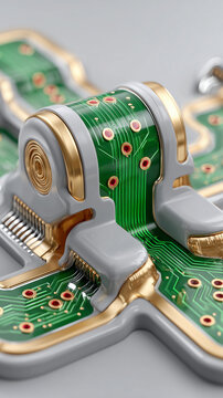 Macro view 3D illustration of flexible green printed circuit board module with gold contacts and electronic components.