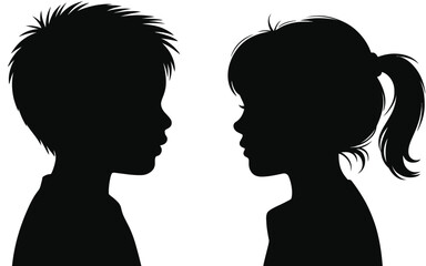 Fototapeta premium Black silhouettes of a young boy and a young girl facing each other in profile, isolated on a white background, representing childhood, friendship, or conversation