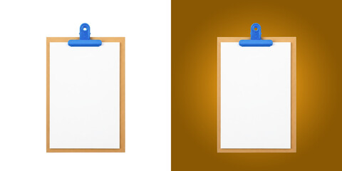 Blank paper sheet on a wooden clipboard with a blue plastic clip © Ridoy