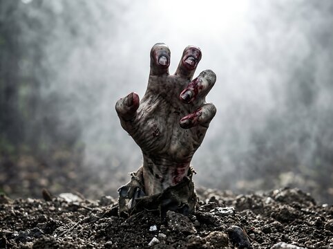 A decaying human hand emerges from soil displaying a gruesome and unsettling photographic scene ground