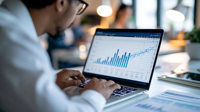 Data analytics and graphs data scientist seen from behind using a laptop computer to analyze statistical business marketing data screen with graphs and scatter plots bright clean office