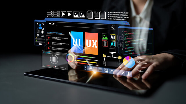 Modern User Interface Design with Digital Tablet Displaying UX Concepts and Code Visualizations in a Professional Setting Fluxor.