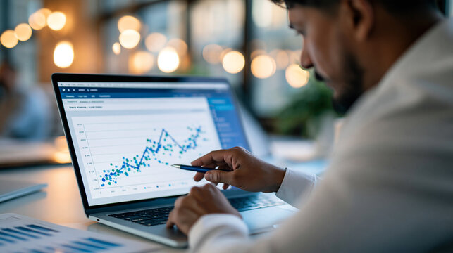 Data analytics and graphs data scientist seen from behind using a laptop computer to analyze statistical business marketing data screen with graphs and scatter plots bright clean office