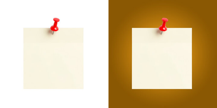 Blank yellow sticky note with a red push pin for office reminders