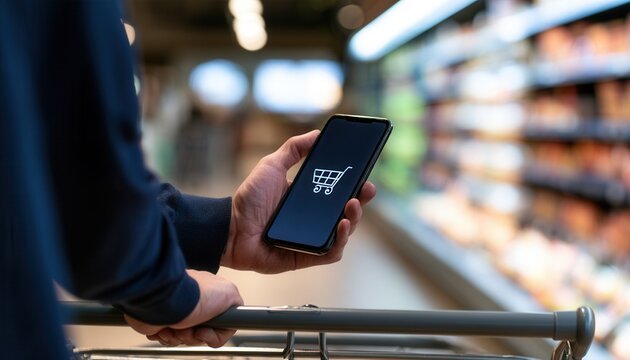 Man using mobile phone with shopping cart icon in grocery store for retail app usage.