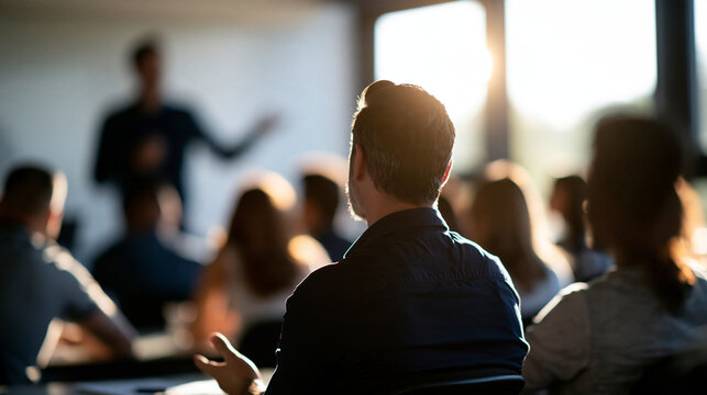 Adult education teacher in front of his class view from the back of the classroom toward a teacher in a soft focus silhouette against a whiteboard adult students seated at desks in the
