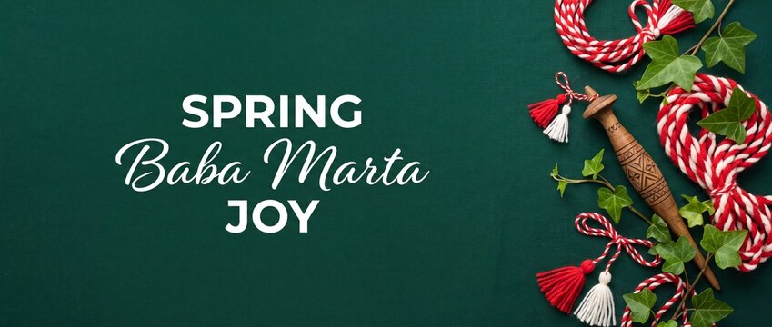 Martenitsa Baba Marta spring holiday background with traditional red white cord tassels, wooden spindle, green ivy leaves for March 1 Bulgarian celebration banner layout with copy space
