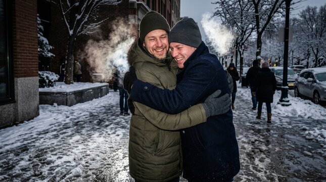 Two happy men in winter clothes hug each other on a snowy city street.