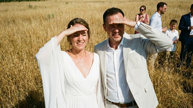 The bride and groom cover their eyes from the sun in a field.
