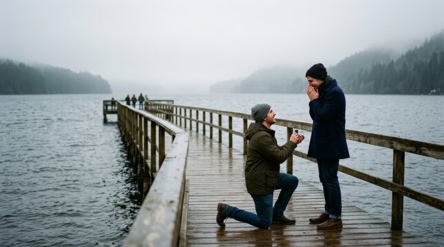 A man kneels on a wooden pier to propose marriage to his partner outdoors.