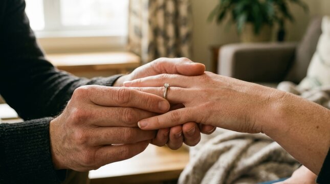 A man puts a diamond engagement ring on his partner's finger at home.