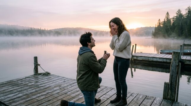 A man kneels on a wooden dock to propose to his happy girlfriend outdoors.