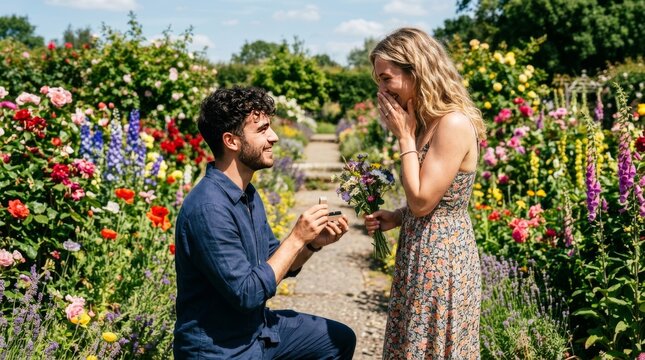 A happy man kneels to propose to his girlfriend in a beautiful flower garden.