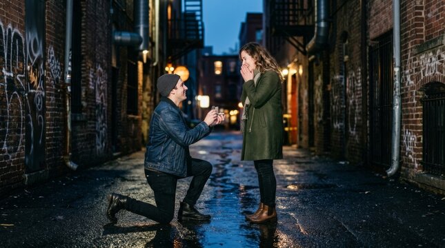 A man kneels on the ground and proposes to a woman in an alley.
