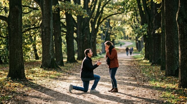 A man kneels on one knee to propose marriage to his surprised girlfriend outdoors.
