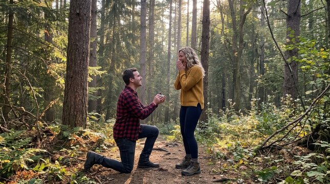 A young man kneels and proposes to his surprised girlfriend in a sunny forest.