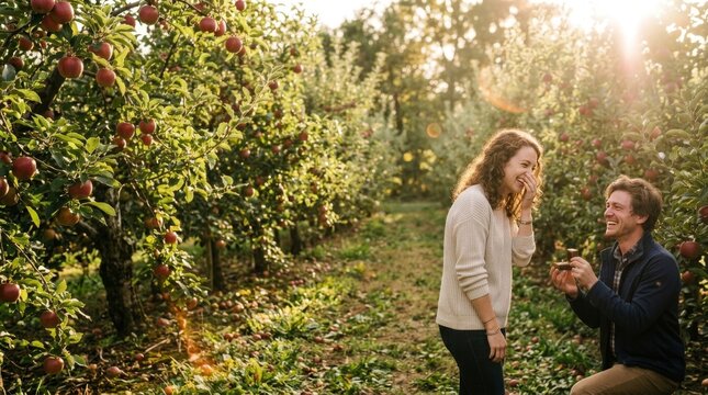 A man is kneeling to propose to his girlfriend in an apple orchard park.