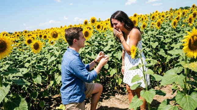 A happy man kneels to propose to his girlfriend in a sunflower field.