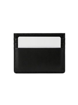 Minimalist black leather card holder with blank white card isolated on transparent background