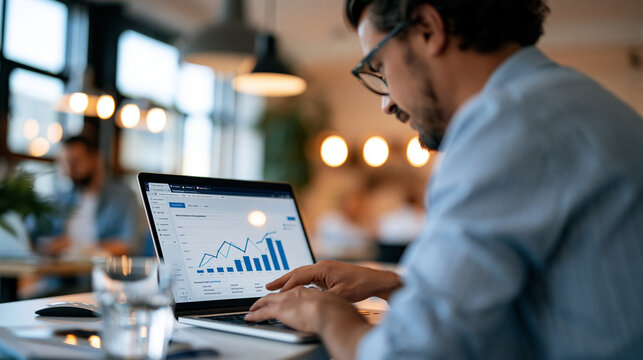Man analyzing ads and digital marketing data on a laptop european man seen from behind at a desk laptop screen with an interactive dashboard of ad performance charts bright modern