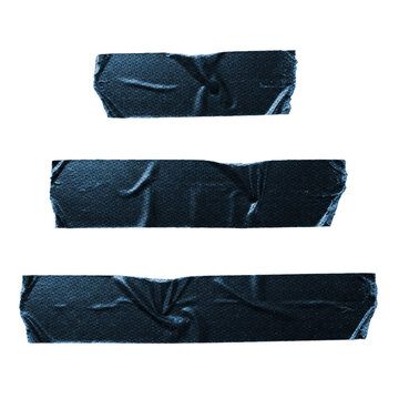 Three pieces of dark blue duct tape strips with wrinkled and creased texture isolated on a clean white background for design layouts