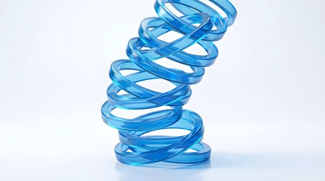 Abstract blue glass spring or coil sculpture, elegant translucent spiral object, isolated on white background