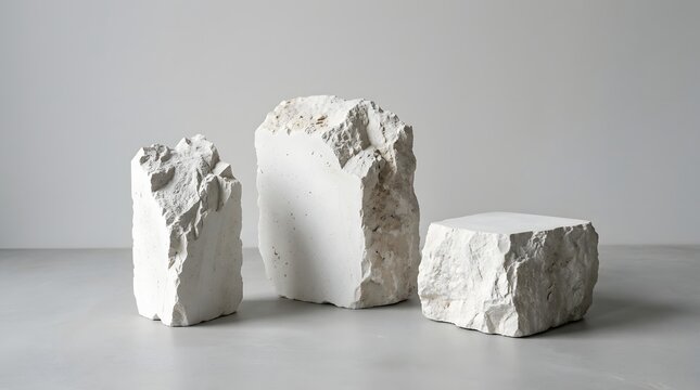 Three rough white stone blocks of varying sizes arranged on a neutral surface