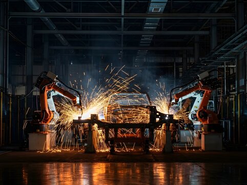 Industrial manufacturing factory with robotic arms welding car chassis on an assembly line with bright sparks and dark background