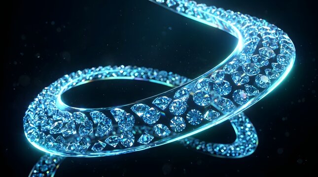 Abstract spiral shape adorned with numerous sparkling blue diamonds against a dark background, highend jewelry concept art