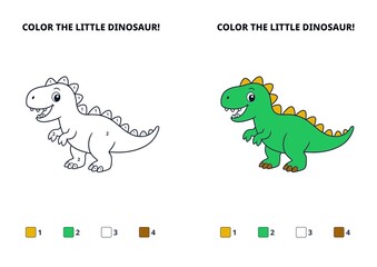 Obraz premium Cartoon dinosaur coloring page with color guide for kids 