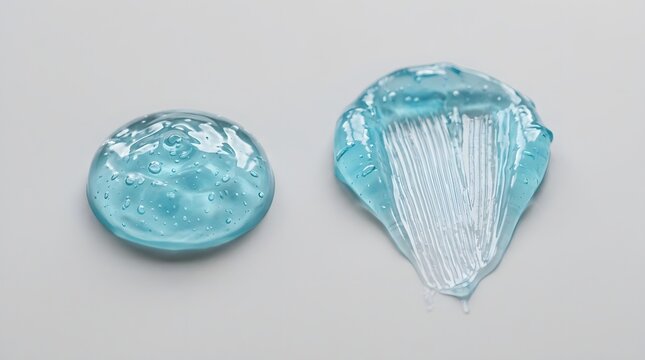 A drop of blue cosmetic gel next to a smear of the same gel on a white surface