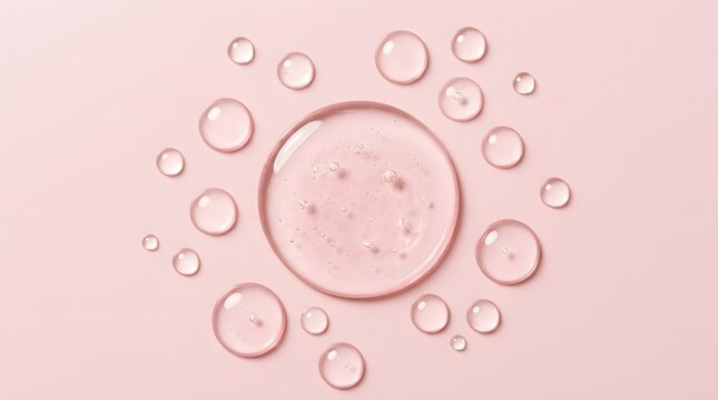 Top view of various sized clear cosmetic gel or water droplets arranged on a soft pastel pink background