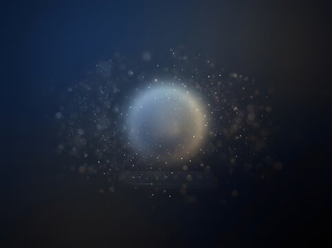Abstract dark blue background with glowing particles and a faint digital media player interface overlay
