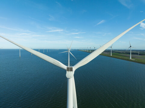 Aerial View of Windpark Noordoostpolder Wind Turbines in the IJsselmeer