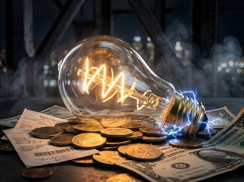 Light bulb glowing on a pile of money and utility bills representing the high cost of electricity and energy consumption