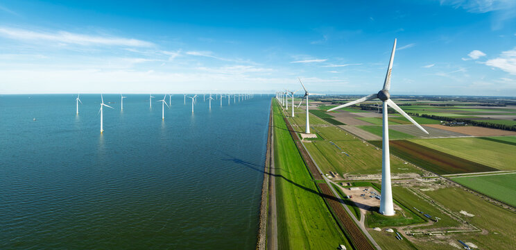 Aerial View of Windpark Noordoostpolder Wind Turbines in the IJsselmeer
