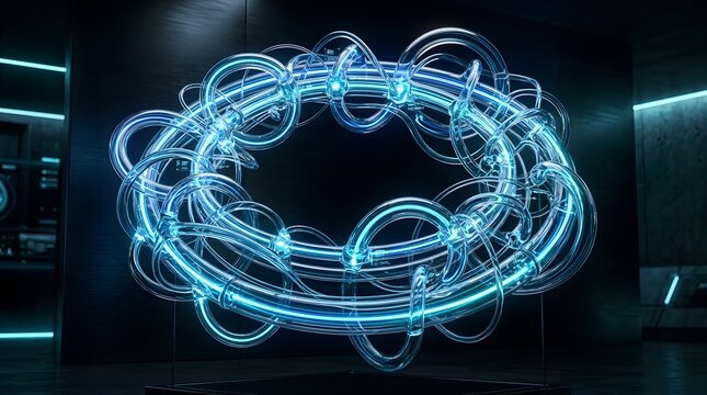 Futuristic toroidal sculpture made of glowing blue glass tubes on display in a modern gallery