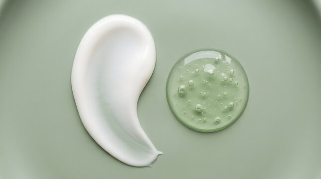 Cosmetic cream smear and a drop of clear gel with bubbles on a green background