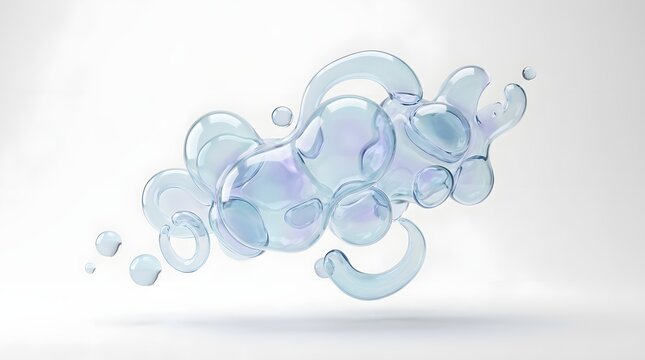 Abstract 3d render of iridescent glass bubbles and fluid shapes floating in a cluster, isolated on white background