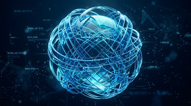 Abstract 3d render of a futuristic glass sphere surrounded by intersecting rings with digital data overlays