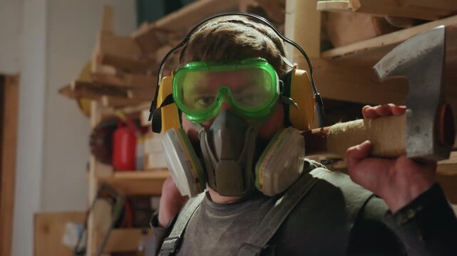 Man wears respirator goggles and ear protection while holding axe over his shoulder inside woodworking shop. Wooden shelves filled with lumber are visible in background