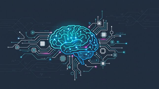 Digital human brain illustration integrated with electronic circuit board components on a dark blue background with various electronic processors