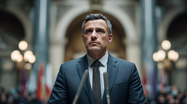 Formal man standing at a podium in a grand hall