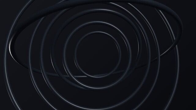 Abstract black spiral rings pattern with glowing lines on dark background